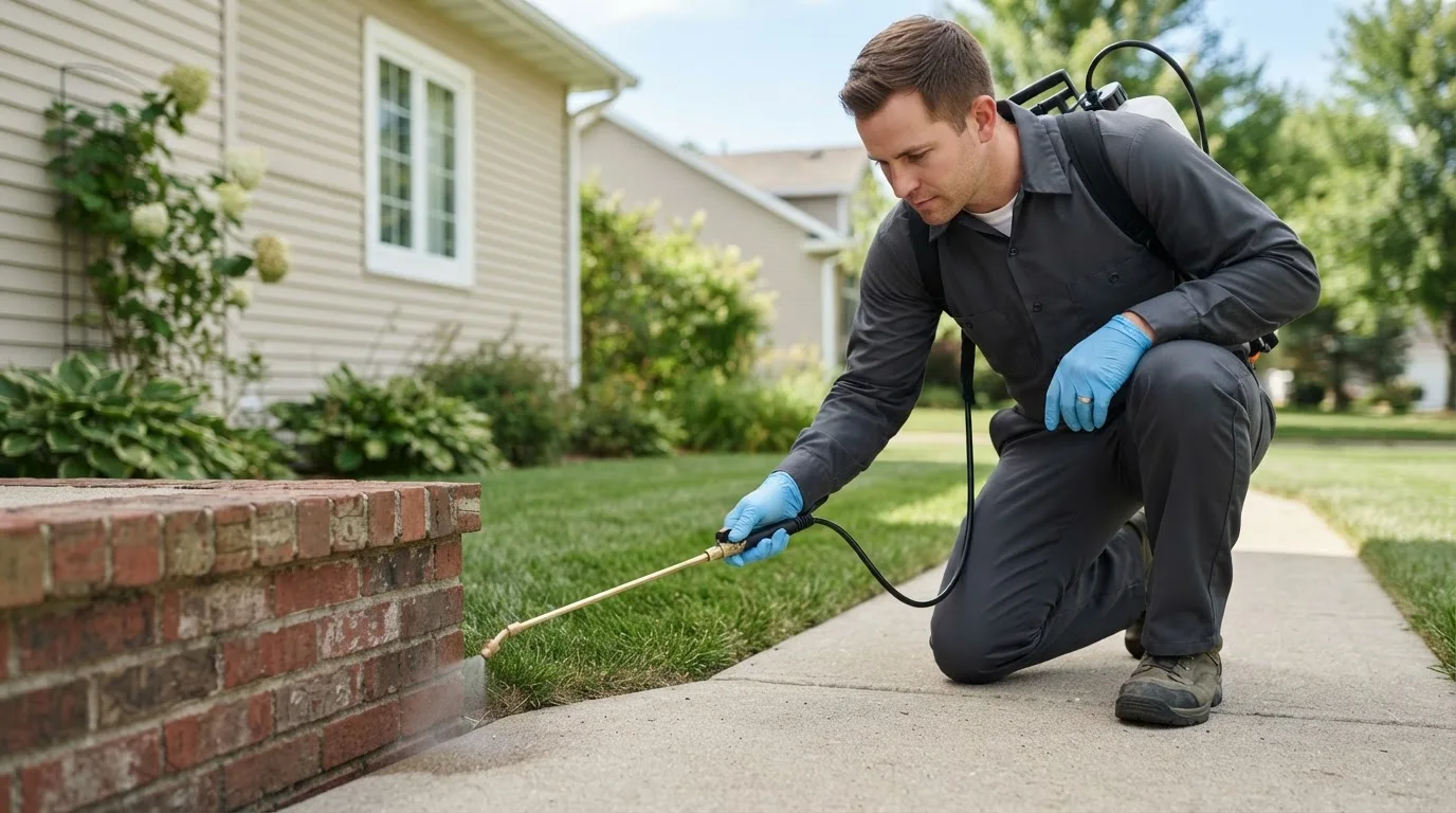 Pest control technician treating a home near West Hartland, CT